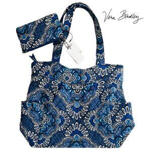 Vera Bradley Pleated Tote & Ultimate Card Case Wallet Set in Blue Tapestry
